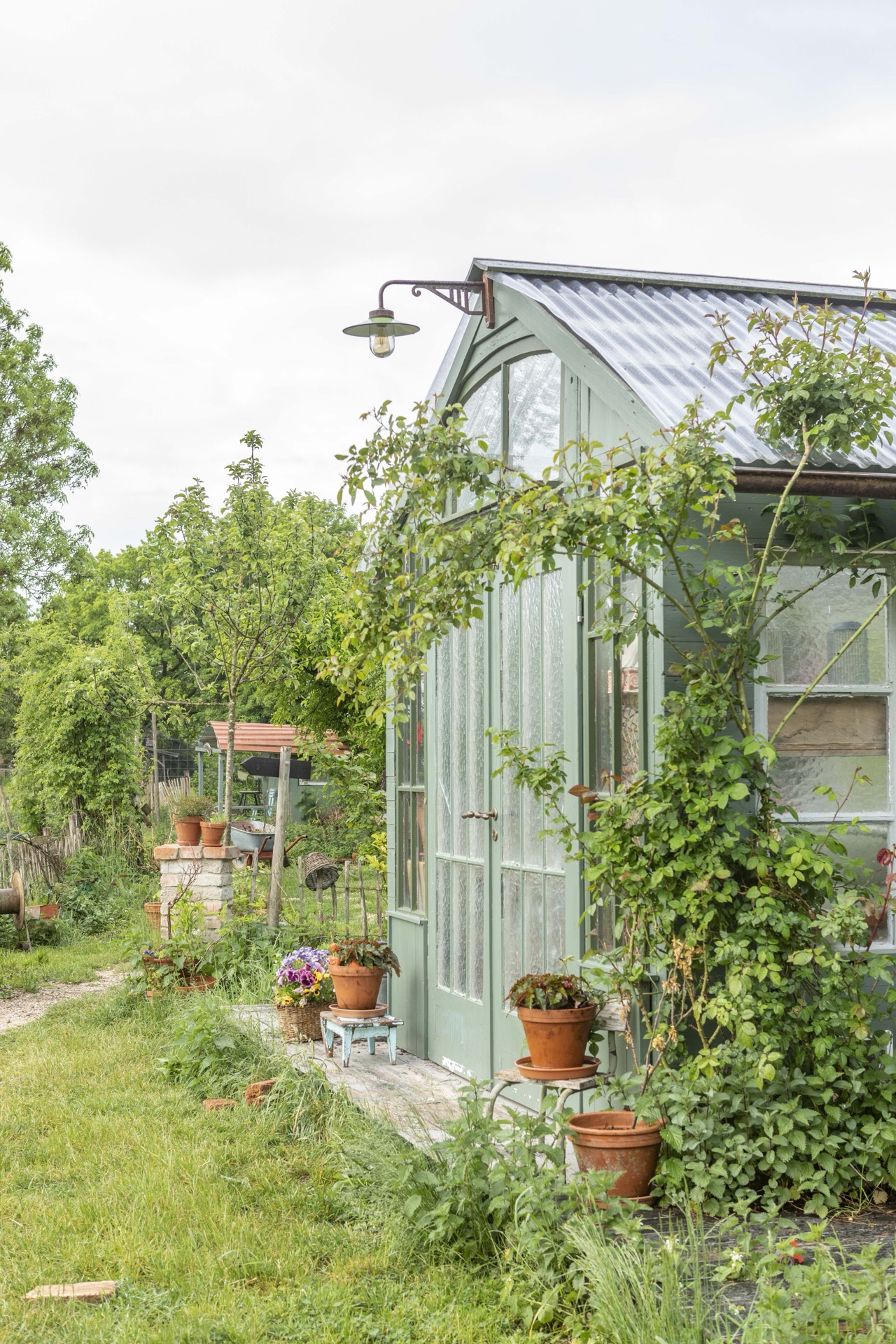 Salbeigrünes Gartenhaus mit Pergola und Topfpflanzen entlang des Kieswegs